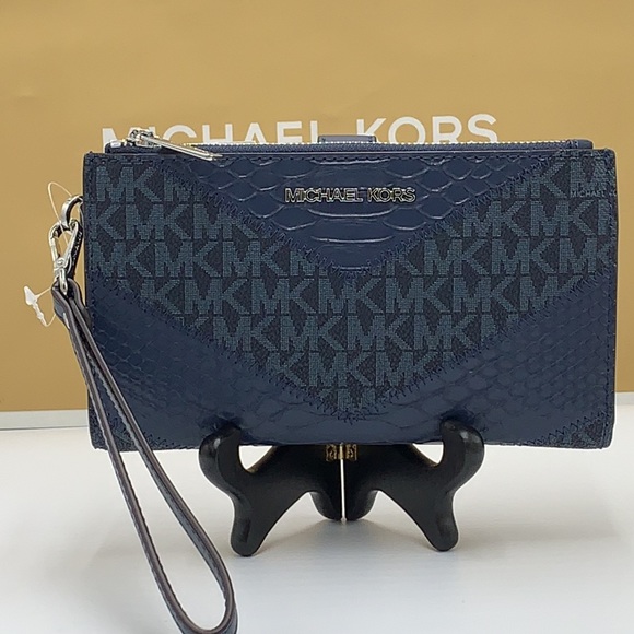 MICHAEL KORS LG DOUBLE ZIP WRISTLET WALLET NAVY MULT Crocodile Leather Snakeskin - Picture 3 of 14